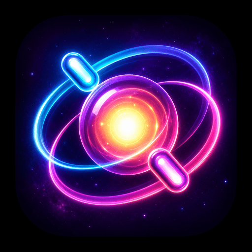 Chaos Core app icon with a glowing orbit core in neon space