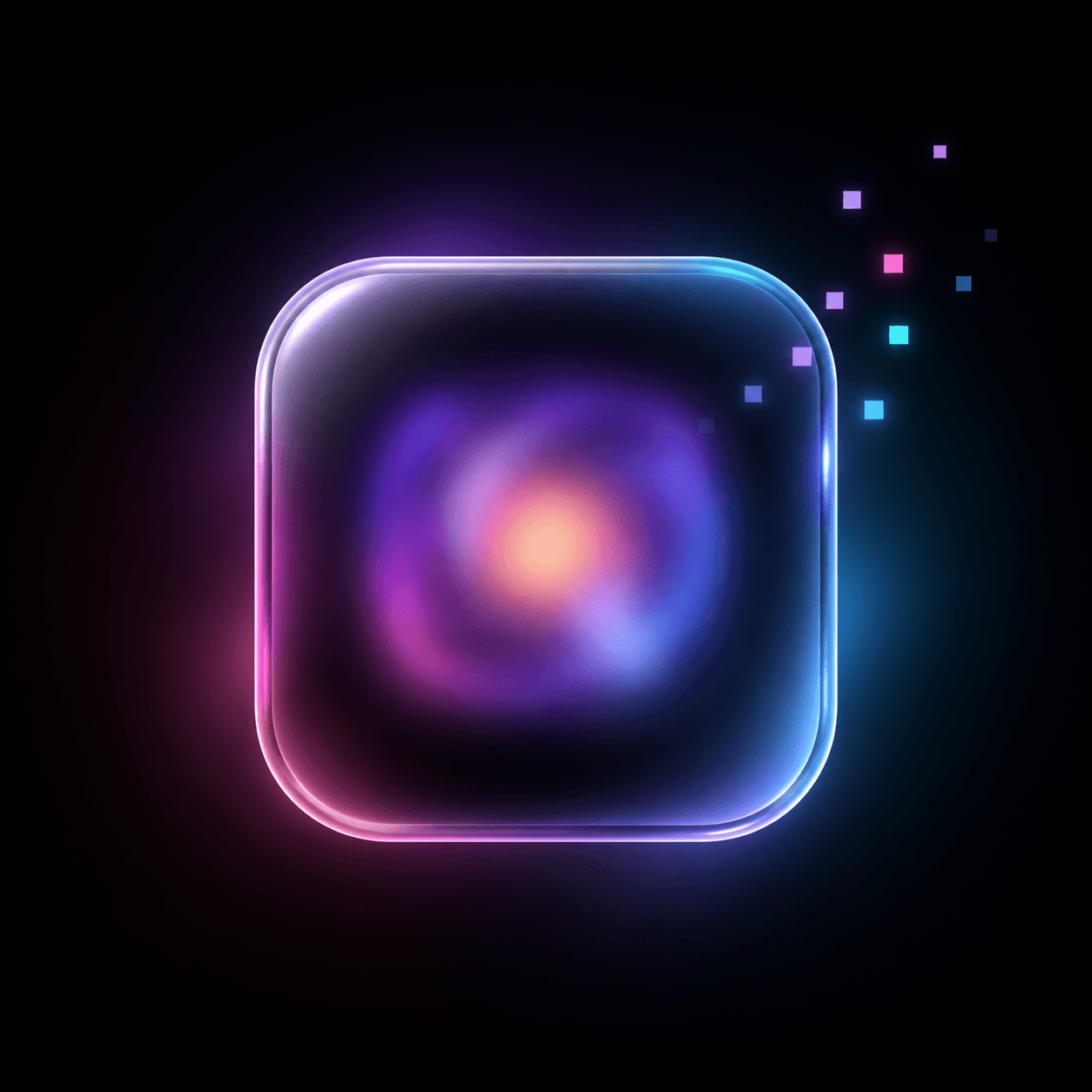 Teaser art for the first Appicture app, a glowing folded paper-plane mark in neon space