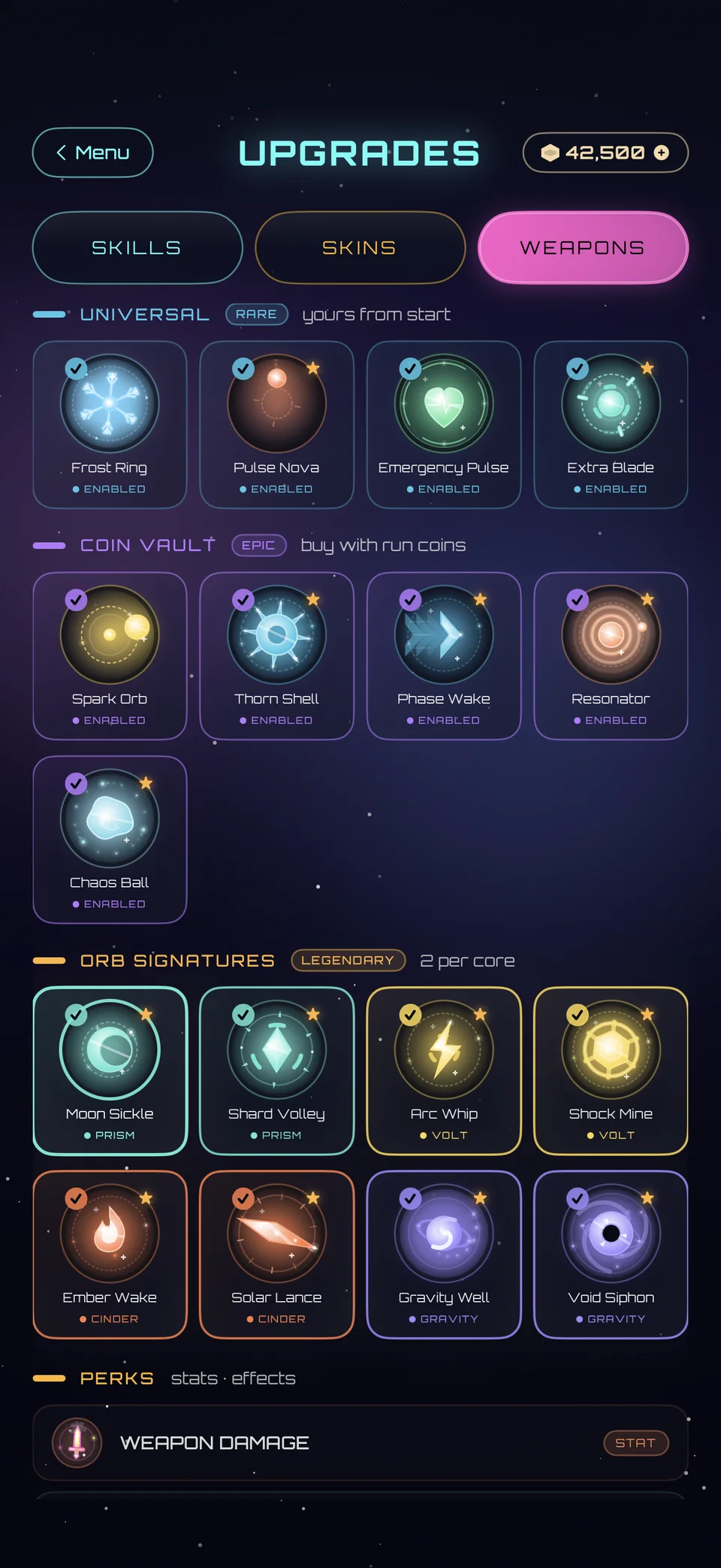 Chaos Core weapons screen showing the complete universal, coin vault, and legendary signature arsenal
