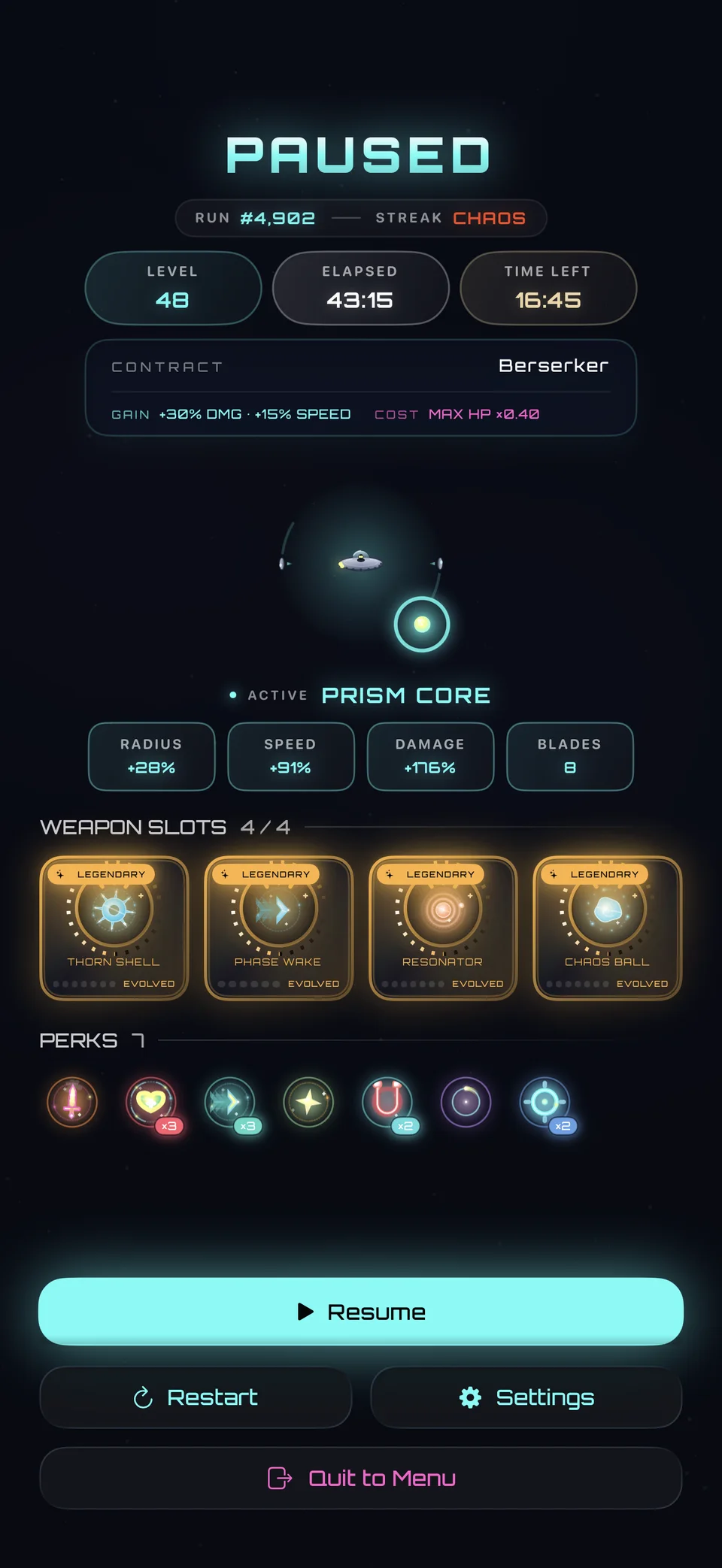 Chaos Core Endless pause screen with the Mothership skin, four evolved weapons, perks, and a Berserker contract