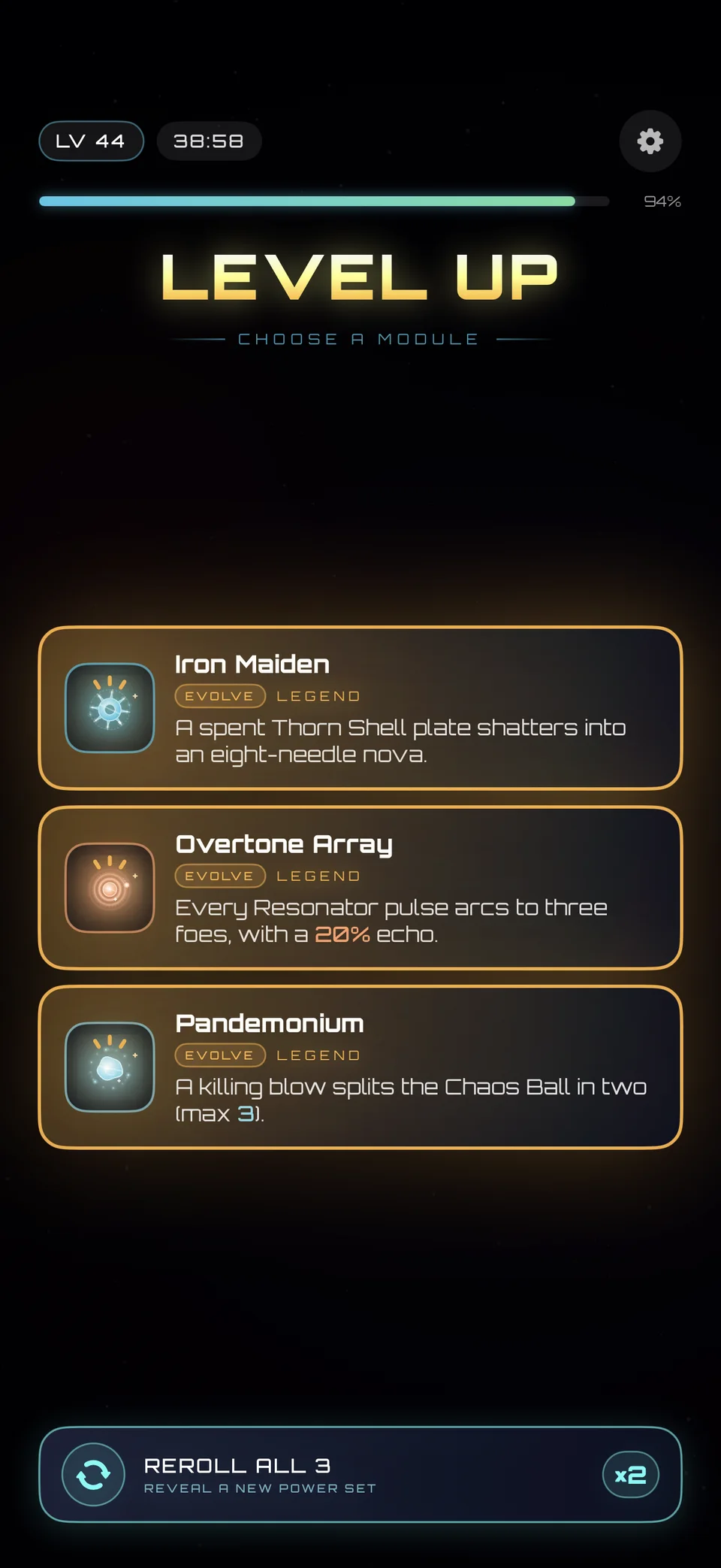Chaos Core level-up screen offering Iron Maiden, Overtone Array, and Pandemonium legendary upgrades