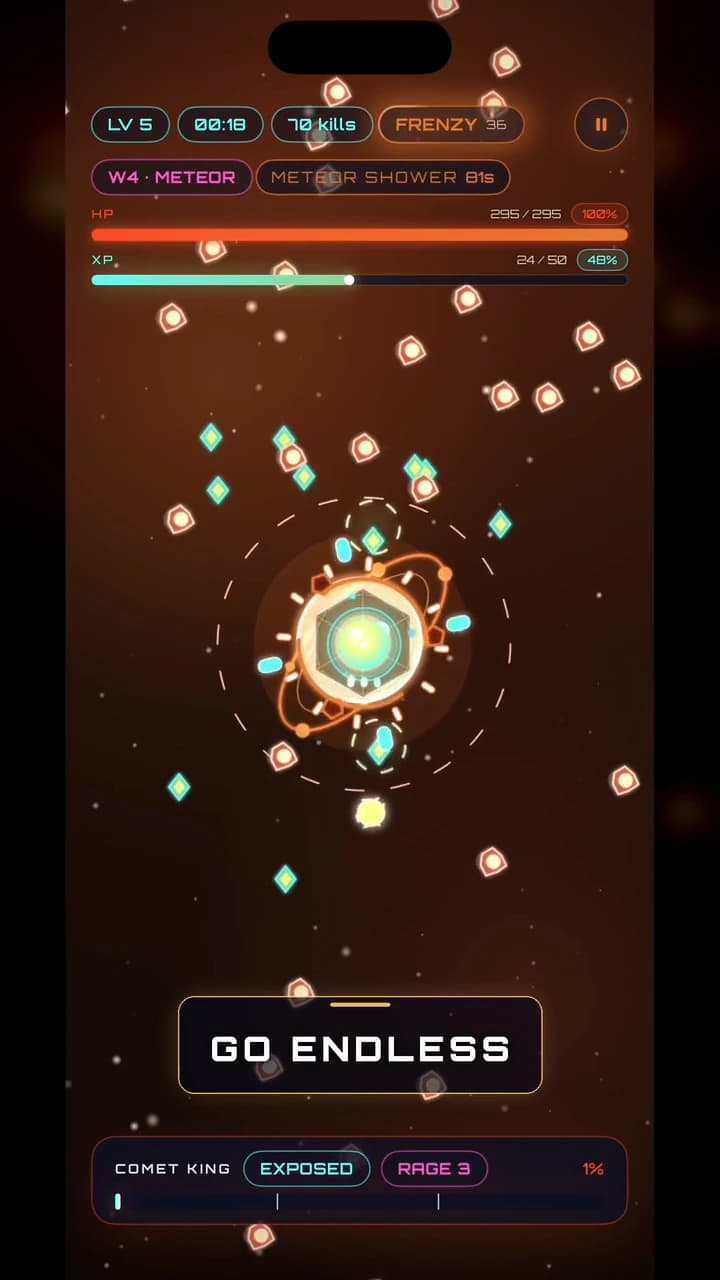 Chaos Core Endless run in the Meteor world with a fully evolved build fighting the Comet King