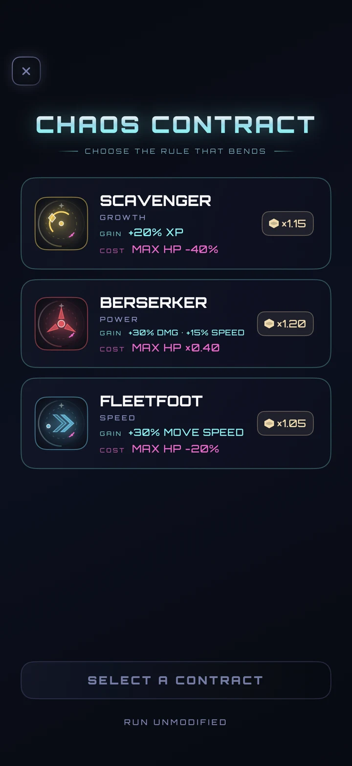 Chaos Core Endless contract selection with three risk and reward choices