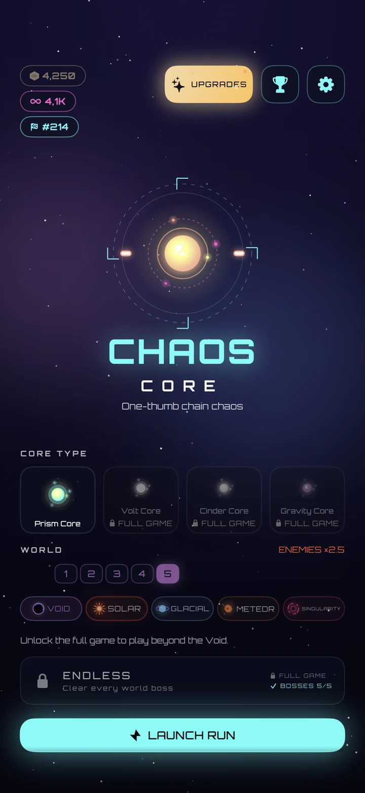 Chaos Core main menu with Singularity selected, Endless unlocked, and Game Center ranking