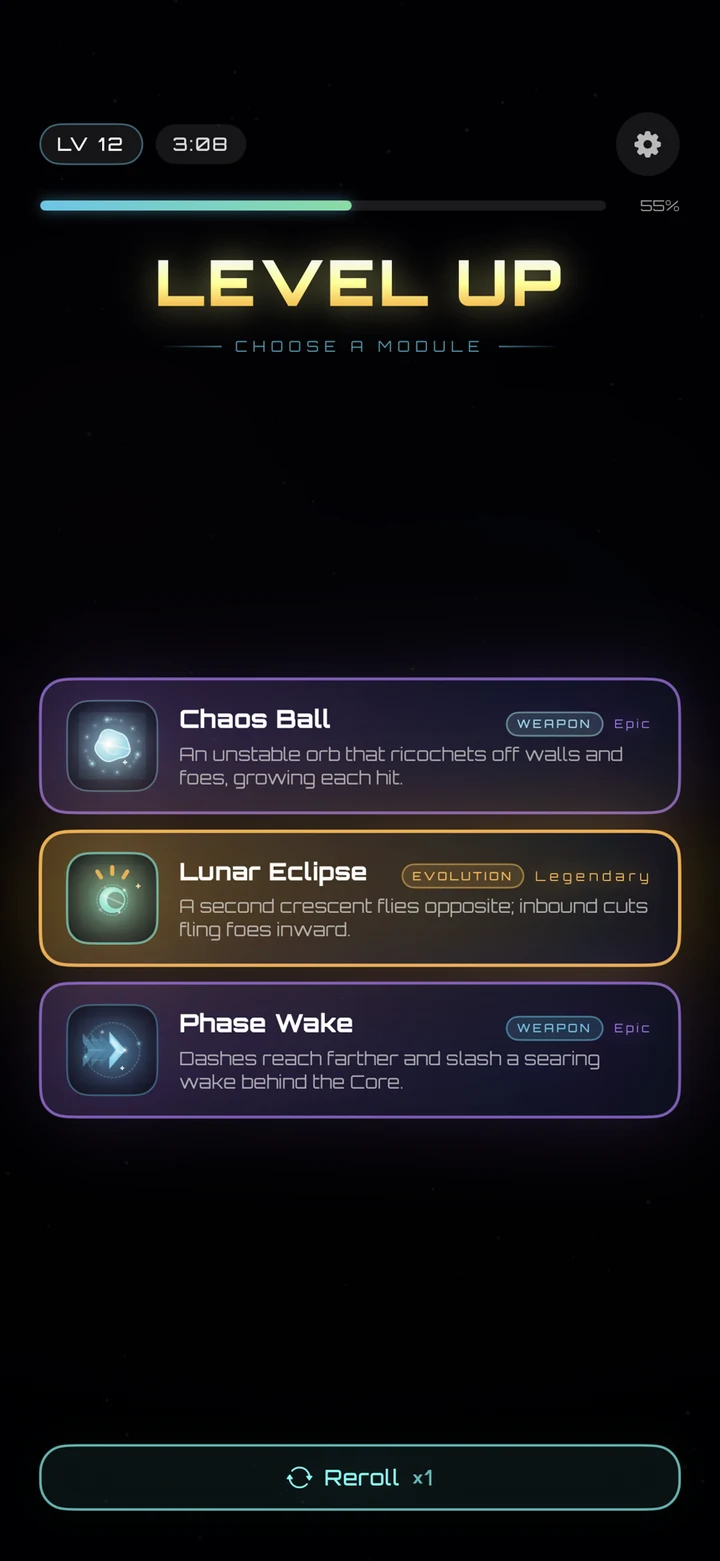 Chaos Core level-up screen offering three upgrade choices