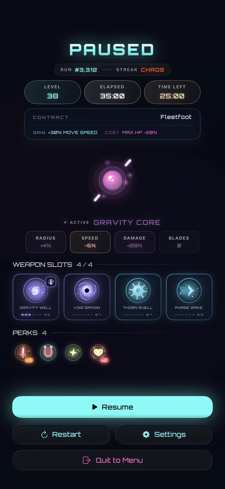 Chaos Core pause screen with four equipped weapons and a developed Endless build