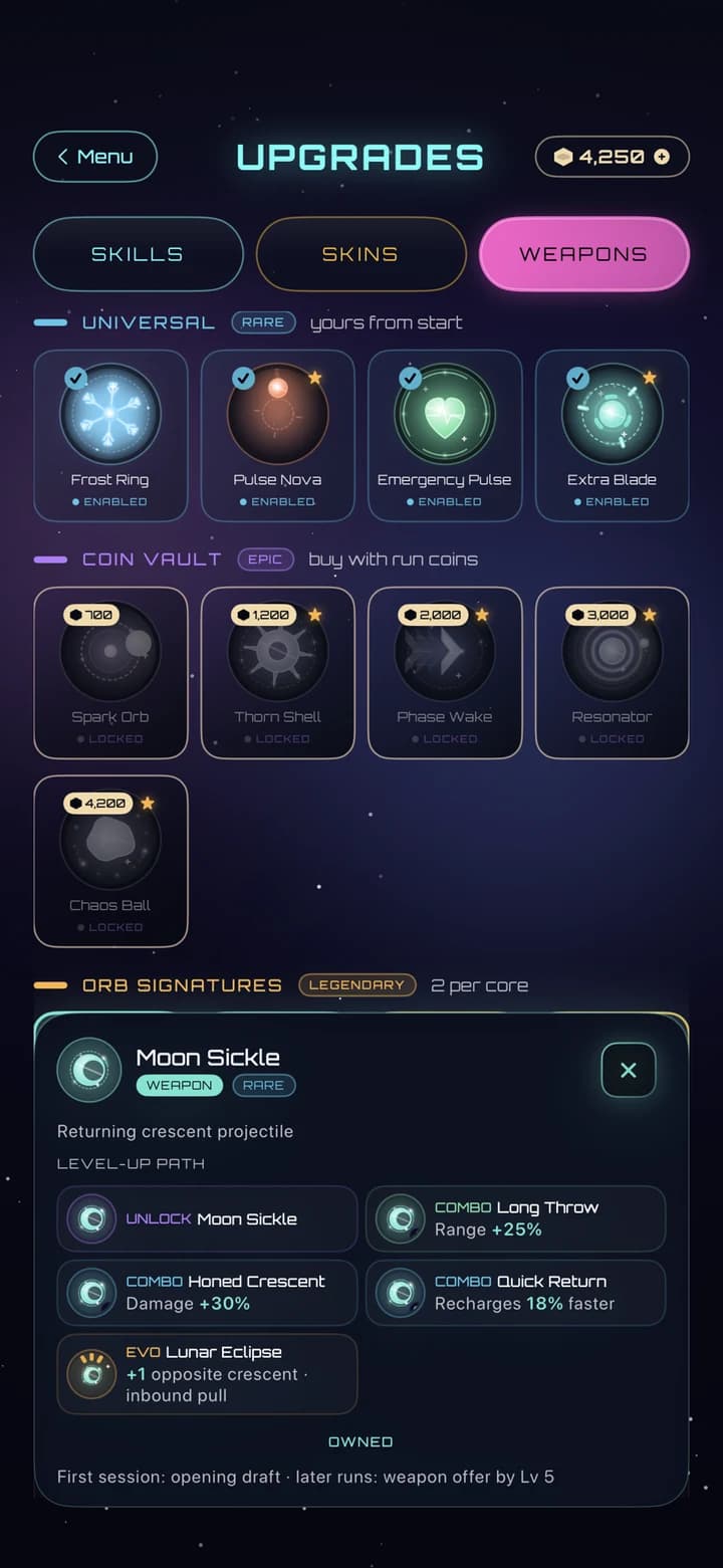 Chaos Core weapons upgrade screen with unlocked universal weapons and a weapon path