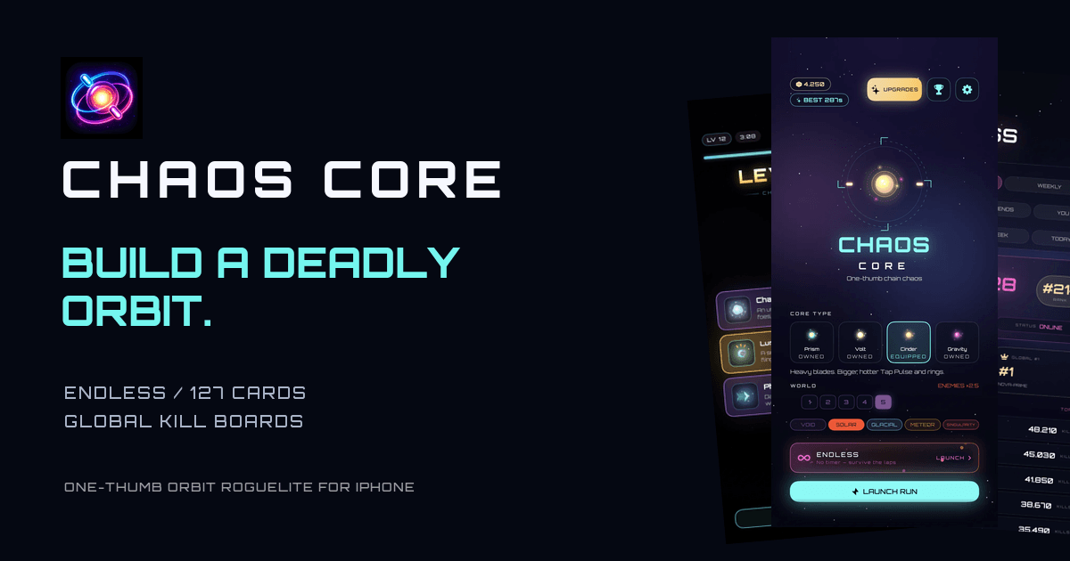 Chaos Core key art showing gameplay, upgrade choices, and records