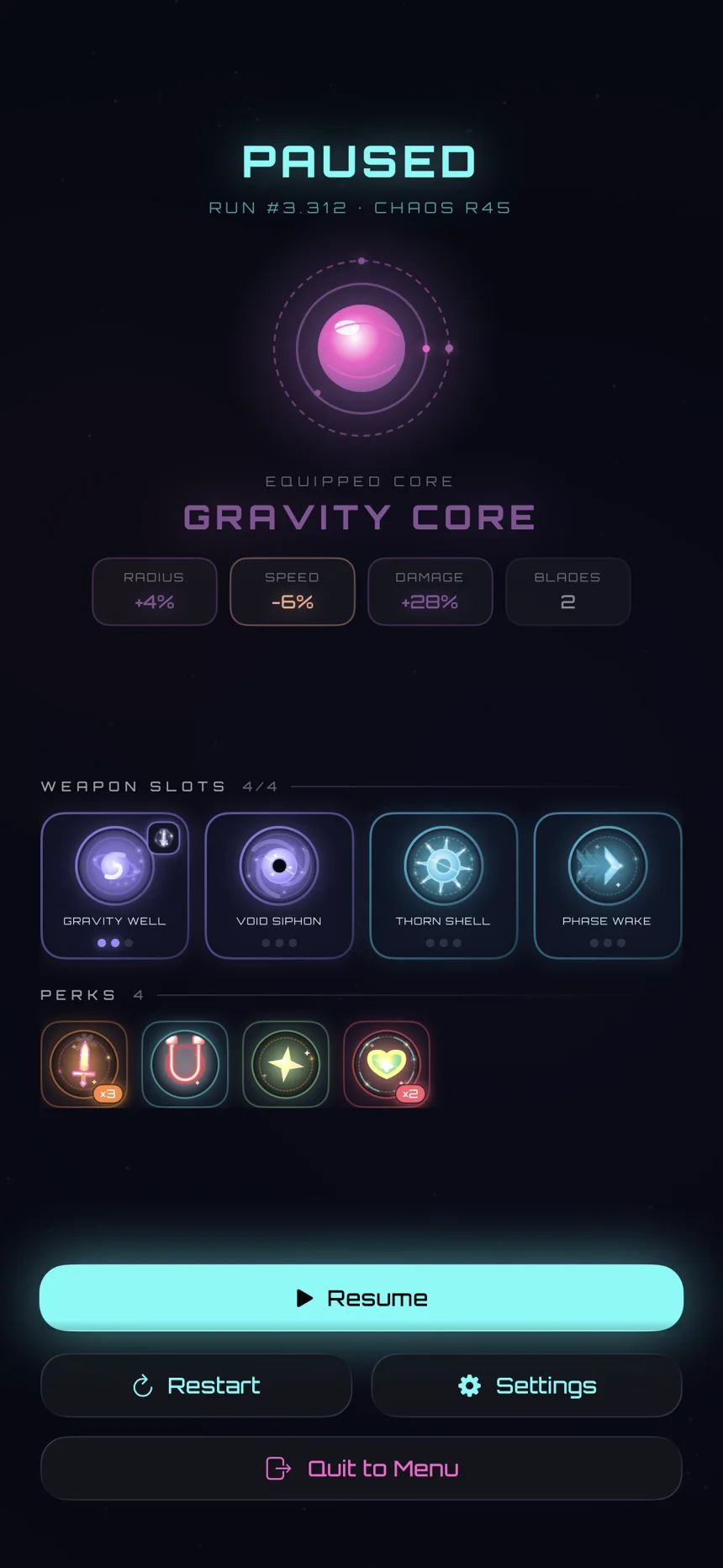 Chaos Core Endless build screen showing four equipped weapon paths and a high Chaos Rank
