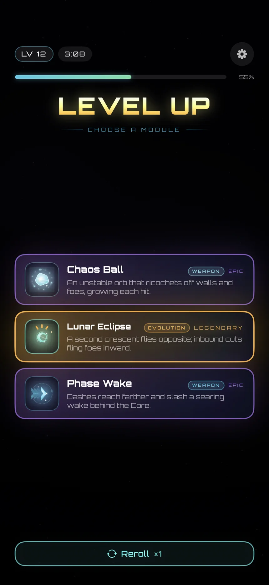 Chaos Core level-up screen with three animated upgrade choices and four rarity tiers