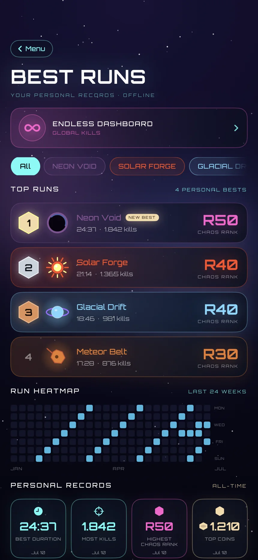 Chaos Core Best Runs screen with top runs, personal records, world filters, and a run heatmap
