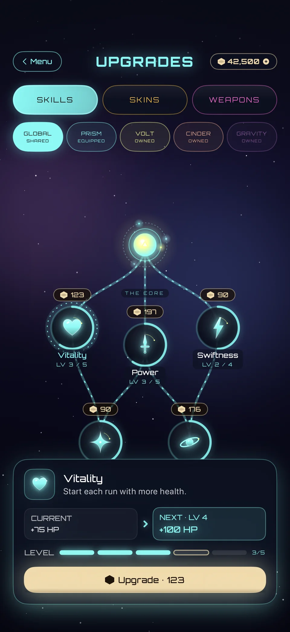Chaos Core branching skill tree with permanent upgrades partly developed