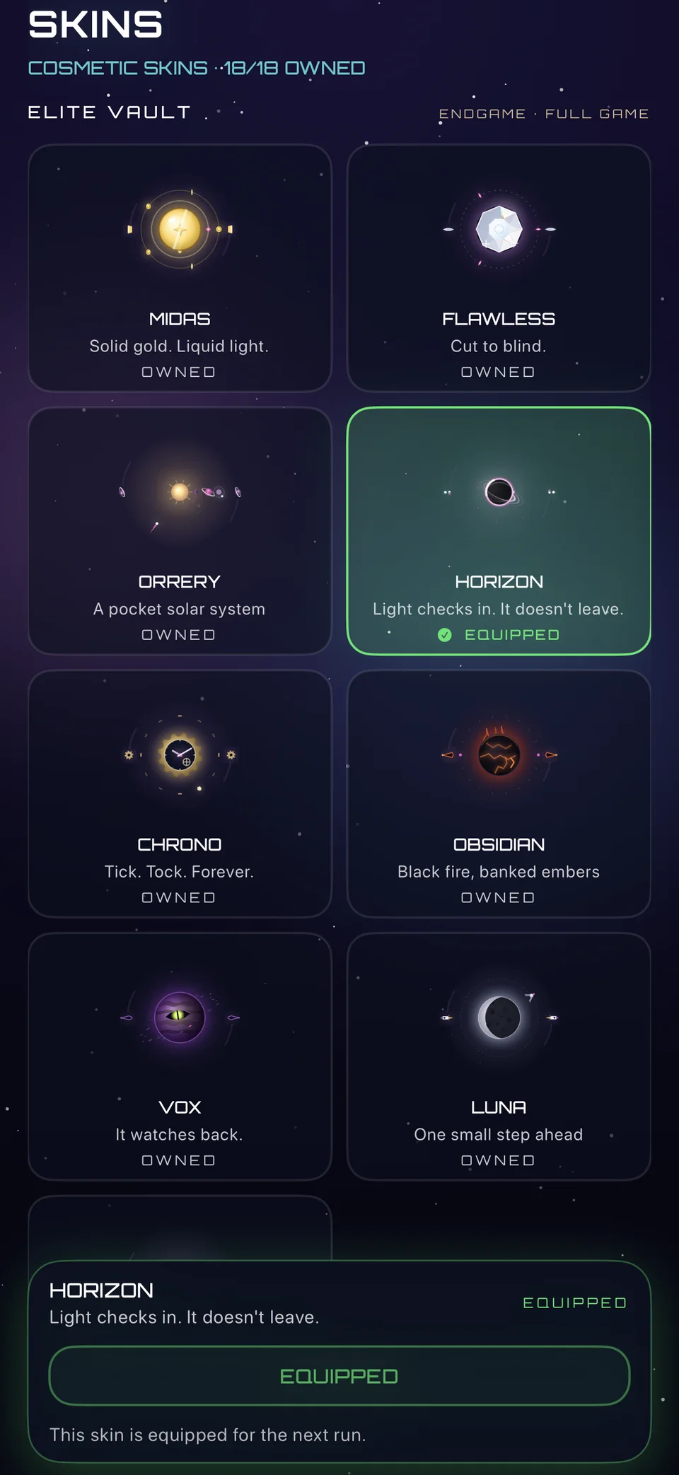 Chaos Core cosmetic collection with the Horizon elite orb skin equipped