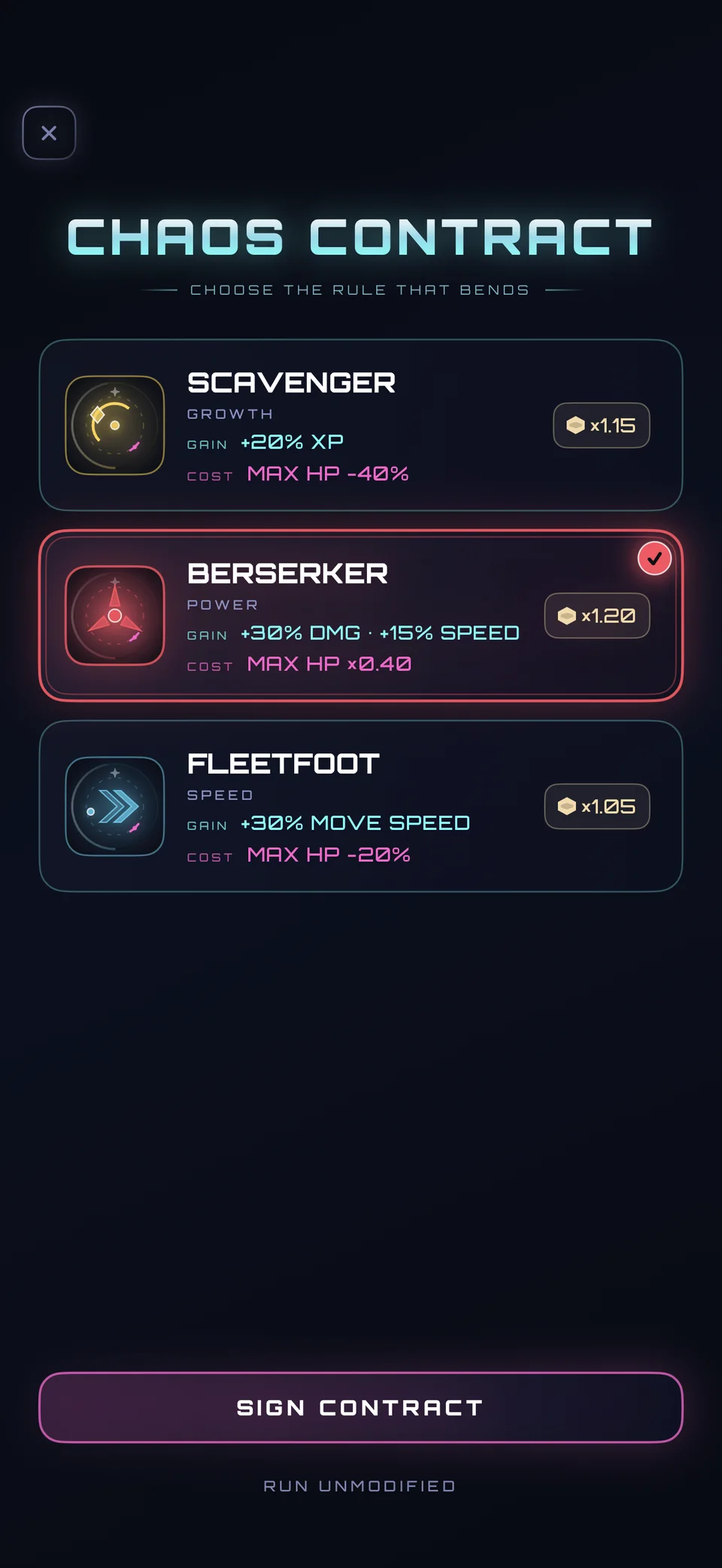 Chaos Core Endless contract screen with Berserker selected